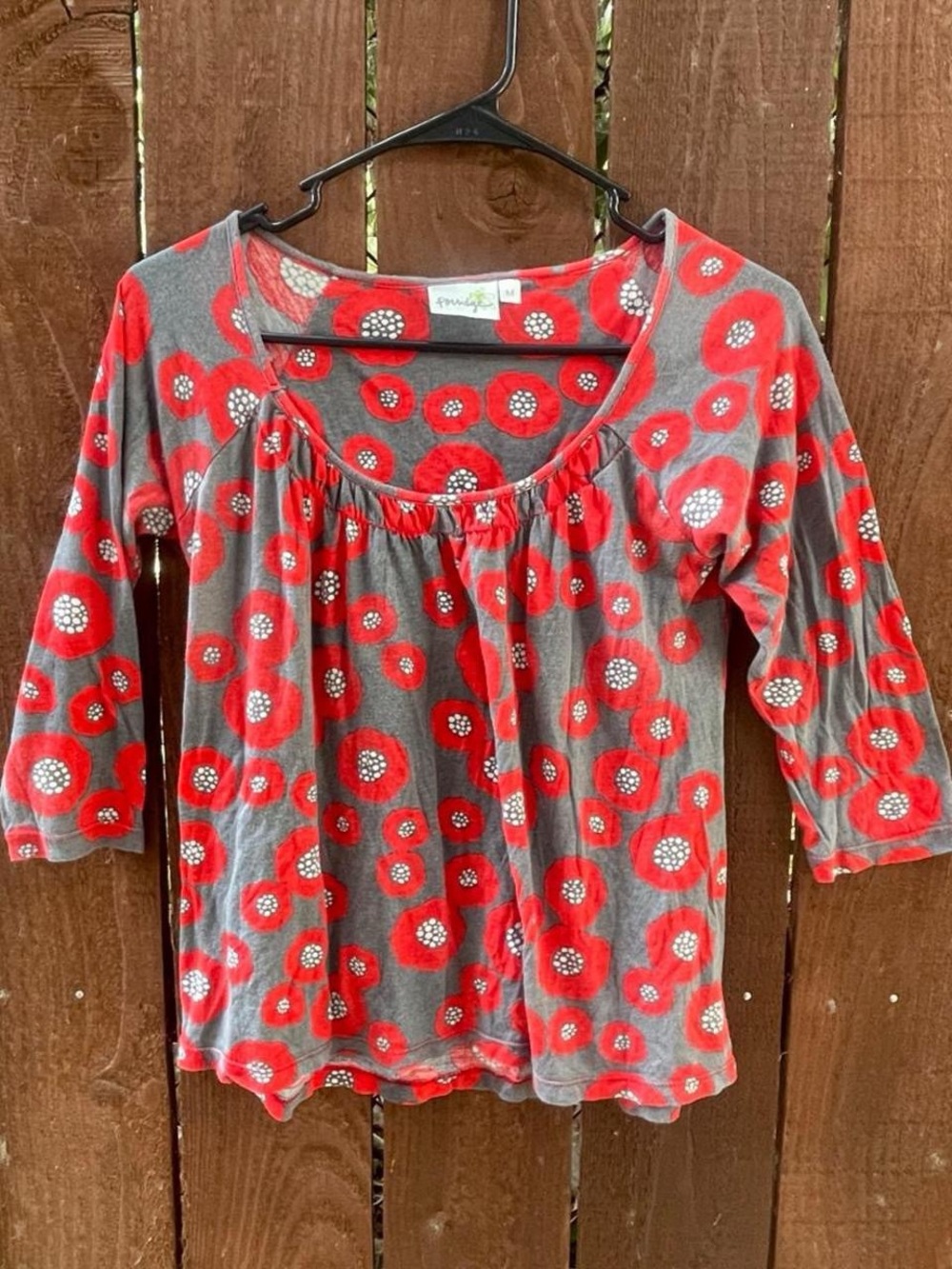 PORRIDGE Anthropologie Red Grey Retro Boho Indie Babydoll 3/4 Sleeve Top Sz M